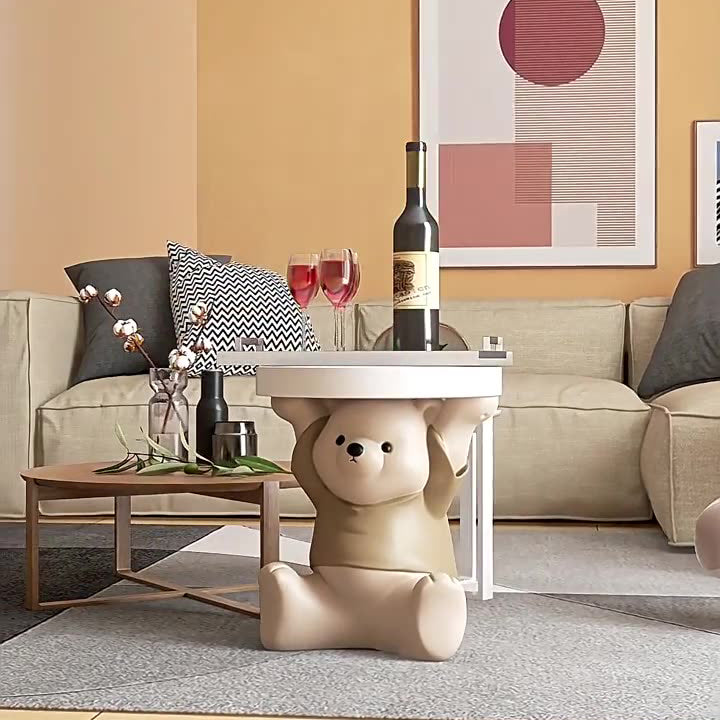 Modern Art Deco Resin Fiberglass Bear-Shaped Round End Table 1-Tier For Living Room