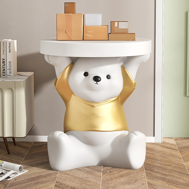 Modern Art Deco Resin Fiberglass Bear-Shaped Round End Table 1-Tier For Living Room