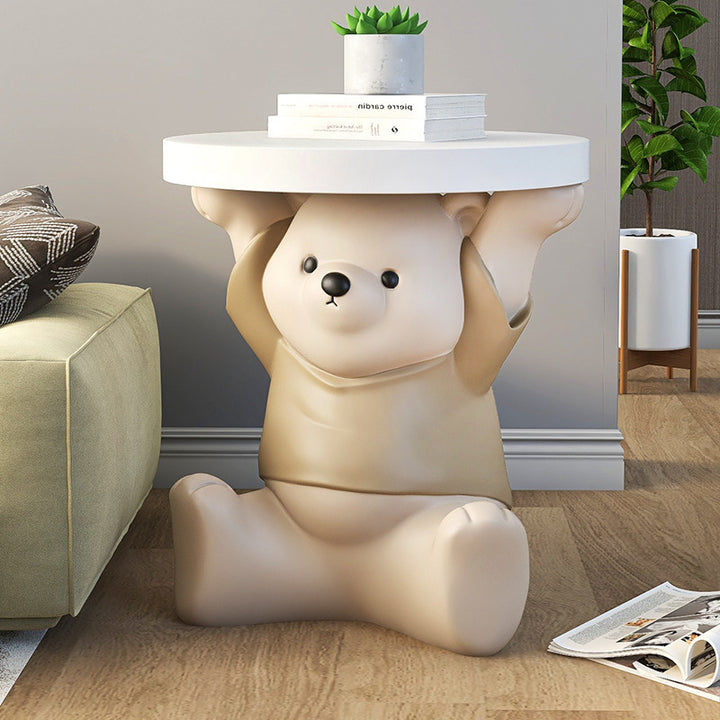 Modern Art Deco Resin Fiberglass Bear-Shaped Round End Table 1-Tier For Living Room