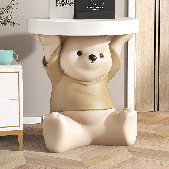 Modern Art Deco Resin Fiberglass Bear-Shaped Round End Table 1-Tier For Living Room