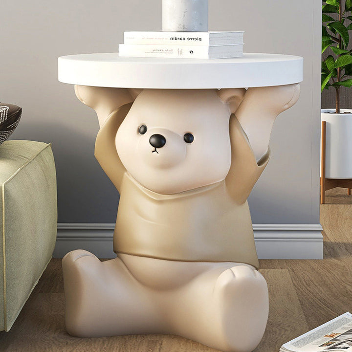 Modern Art Deco Resin Fiberglass Bear-Shaped Round End Table 1-Tier For Living Room