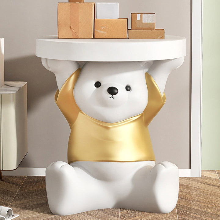 Modern Art Deco Resin Fiberglass Bear-Shaped Round End Table 1-Tier For Living Room