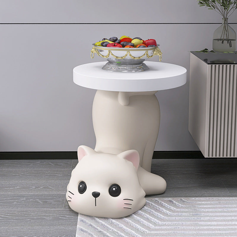 Modern Art Deco Resin Cat-Shaped Round End Table 1-Tier For Living Room