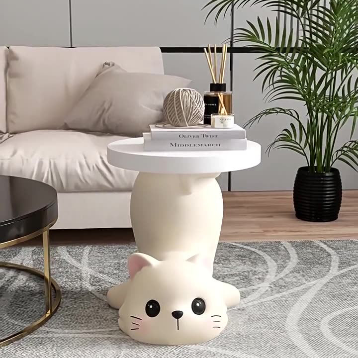 Modern Art Deco Resin Cat-Shaped Round End Table 1-Tier For Living Room