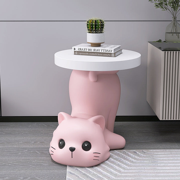 Modern Art Deco Resin Cat-Shaped Round End Table 1-Tier For Living Room
