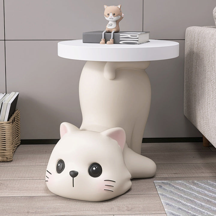 Modern Art Deco Resin Cat-Shaped Round End Table 1-Tier For Living Room