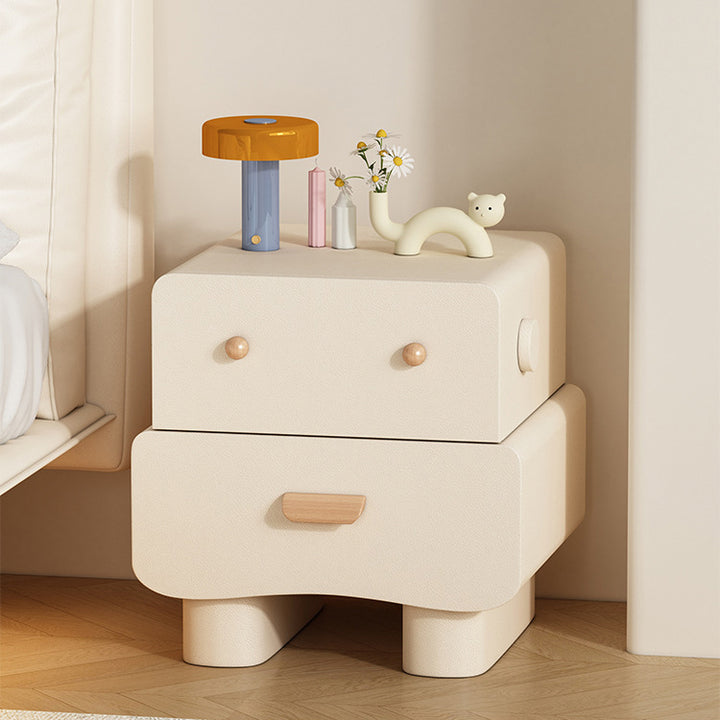 Table de nuit carrée incurvée en bois massif et cuir synthétique créatif contemporain à 2 tiroirs pour chambre 