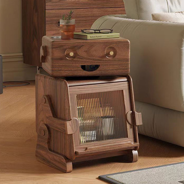 Zeitgenössischer kreativer Roboter-förmiger Beistelltisch aus massivem Holz mit Glas und 2 Ablagen für das Wohnzimmer 