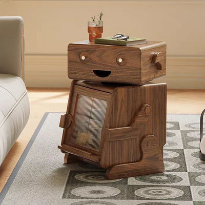 Zeitgenössischer kreativer Roboter-förmiger Beistelltisch aus massivem Holz mit Glas und 2 Ablagen für das Wohnzimmer 