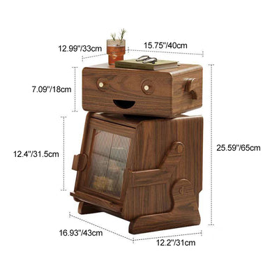 Zeitgenössischer kreativer Roboter-förmiger Beistelltisch aus massivem Holz mit Glas und 2 Ablagen für das Wohnzimmer 