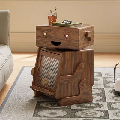Zeitgenössischer kreativer Roboter-förmiger Beistelltisch aus massivem Holz mit Glas und 2 Ablagen für das Wohnzimmer 