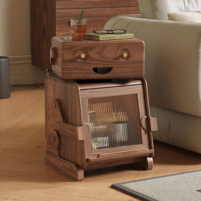Zeitgenössischer kreativer Roboter-förmiger Beistelltisch aus massivem Holz mit Glas und 2 Ablagen für das Wohnzimmer 