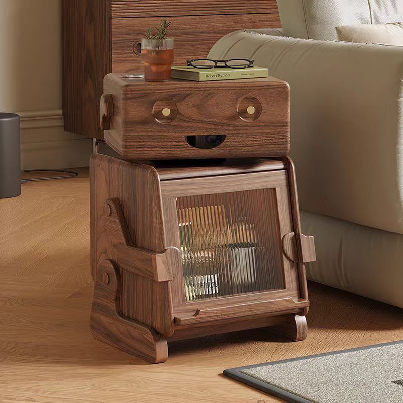 Zeitgenössischer kreativer Roboter-förmiger Beistelltisch aus massivem Holz mit Glas und 2 Ablagen für das Wohnzimmer 