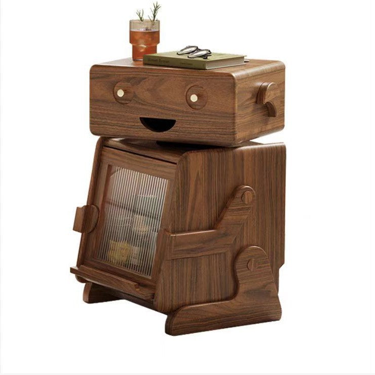 Zeitgenössischer kreativer Roboter-förmiger Beistelltisch aus massivem Holz mit Glas und 2 Ablagen für das Wohnzimmer 