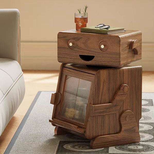 Zeitgenössischer kreativer Roboter-förmiger Beistelltisch aus massivem Holz mit Glas und 2 Ablagen für das Wohnzimmer 