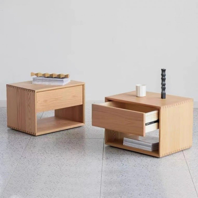 Traditional Japanese Solid Wood Rounded Square Nightstand 1-Drawer For Bedroom