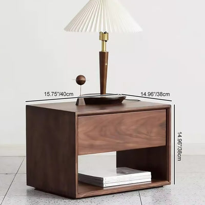 Traditional Japanese Solid Wood Rounded Square Nightstand 1-Drawer For Bedroom