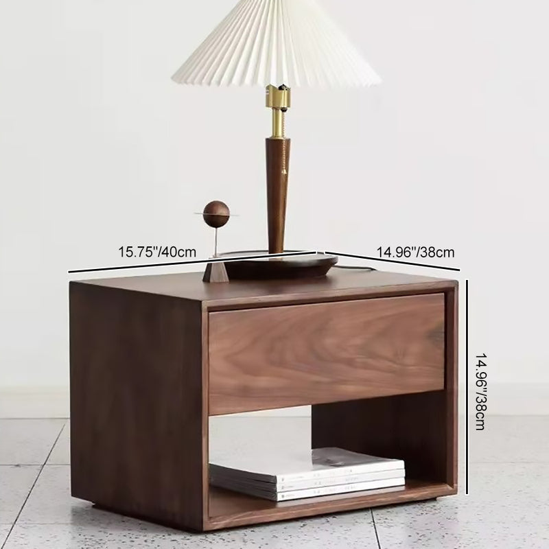 Traditional Japanese Solid Wood Rounded Square Nightstand 1-Drawer For Bedroom