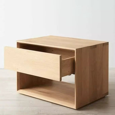 Traditional Japanese Solid Wood Rounded Square Nightstand 1-Drawer For Bedroom