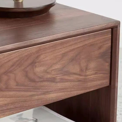 Traditional Japanese Solid Wood Rounded Square Nightstand 1-Drawer For Bedroom