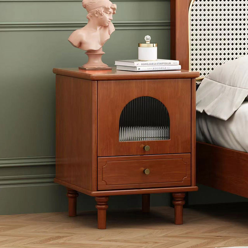 Traditional Vintage Solid Wood Glass Square Round Nightstand With 1-Drawer For Bedroom