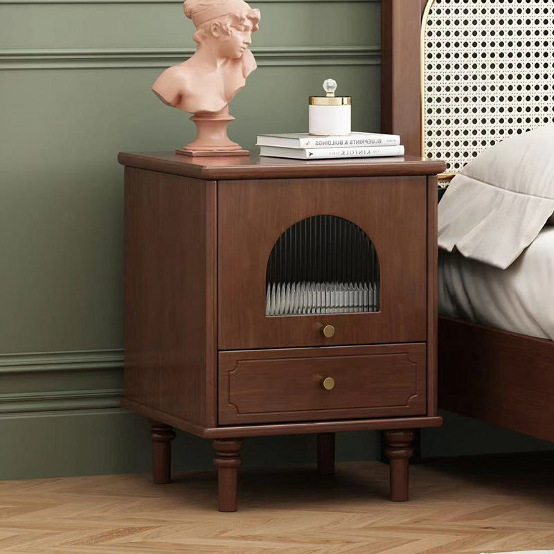 Traditional Vintage Solid Wood Glass Square Round Nightstand With 1-Drawer For Bedroom
