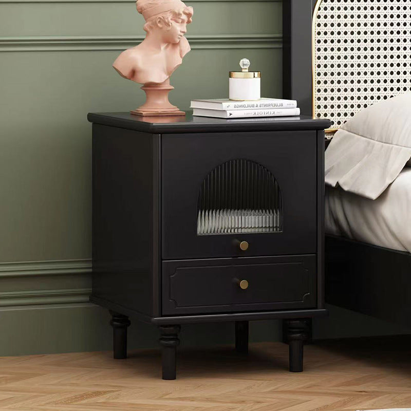 Traditional Vintage Solid Wood Glass Square Round Nightstand With 1-Drawer For Bedroom