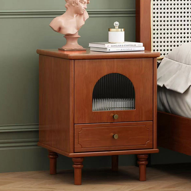 Traditional Vintage Solid Wood Glass Square Round Nightstand With 1-Drawer For Bedroom