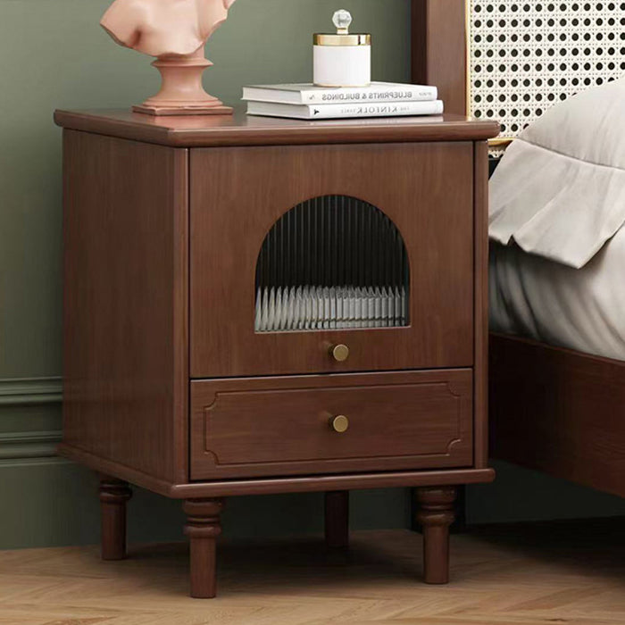 Traditional Vintage Solid Wood Glass Square Round Nightstand With 1-Drawer For Bedroom