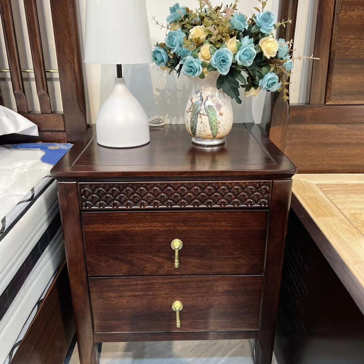 Table de nuit rectangulaire ondulée en bois massif chinois traditionnel avec 2 tiroirs pour chambre 