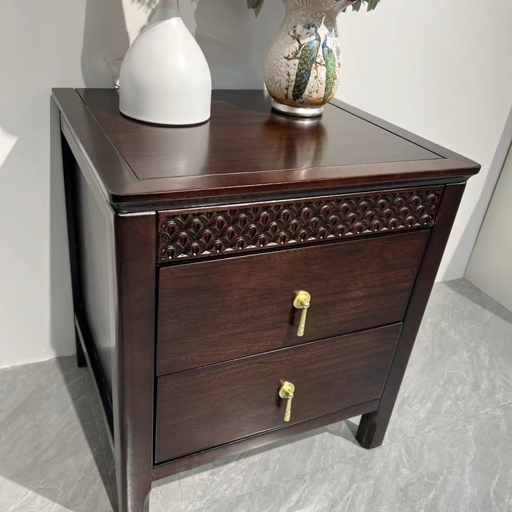Table de nuit rectangulaire ondulée en bois massif chinois traditionnel avec 2 tiroirs pour chambre 