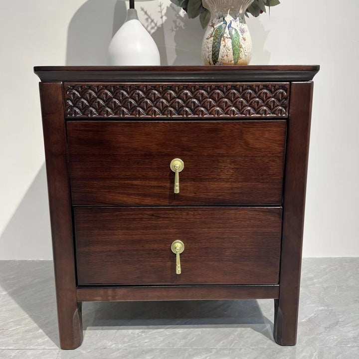 Traditional Chinese Solid Wood Rectangular Wavy Nightstand With 2 Drawers For Bedroom