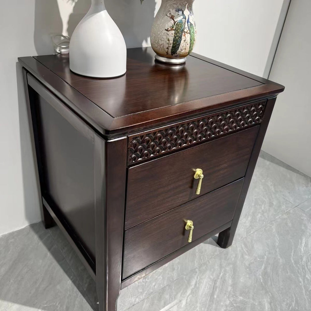 Traditional Chinese Solid Wood Rectangular Wavy Nightstand With 2 Drawers For Bedroom