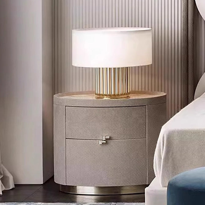 Table de chevet cylindrique rond en bois massif minimaliste moderne en pierre frittée avec cuir tissé à 2 tiroirs pour chambre à coucher 
