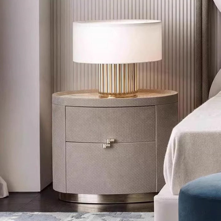 Table de chevet cylindrique rond en bois massif minimaliste moderne en pierre frittée avec cuir tissé à 2 tiroirs pour chambre à coucher 