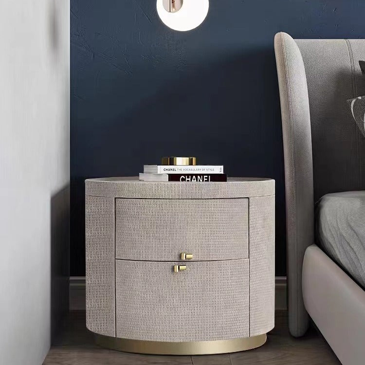 Table de chevet cylindrique rond en bois massif minimaliste moderne en pierre frittée avec cuir tissé à 2 tiroirs pour chambre à coucher 