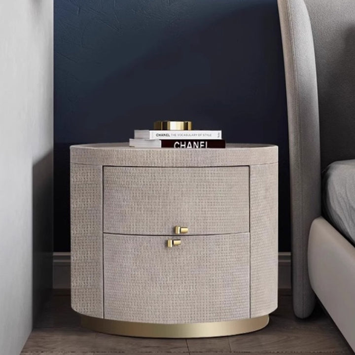 Table de chevet cylindrique rond en bois massif minimaliste moderne en pierre frittée avec cuir tissé à 2 tiroirs pour chambre à coucher 