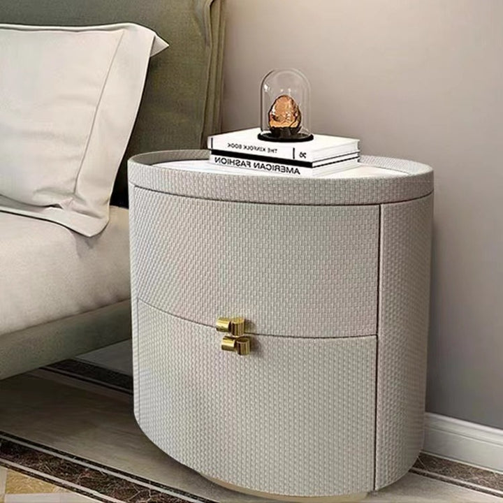 Table de chevet cylindrique rond en bois massif minimaliste moderne en pierre frittée avec cuir tissé à 2 tiroirs pour chambre à coucher 