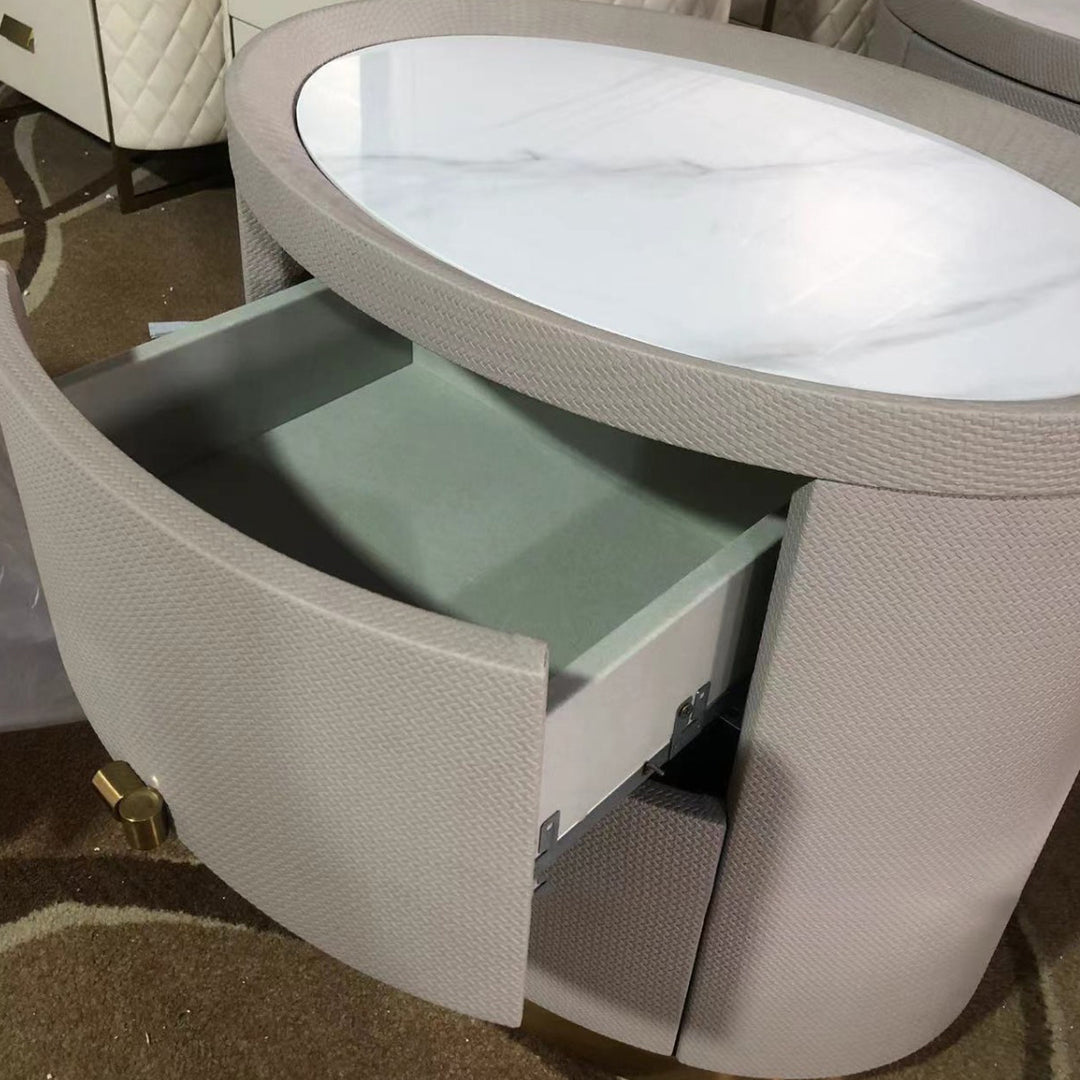 Table de chevet cylindrique rond en bois massif minimaliste moderne en pierre frittée avec cuir tissé à 2 tiroirs pour chambre à coucher 