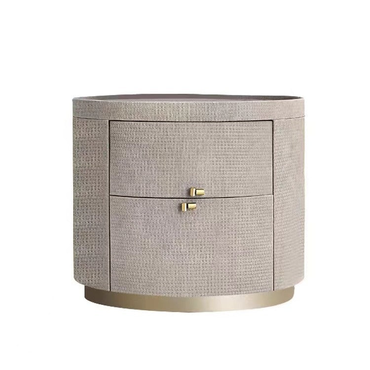 Table de chevet cylindrique rond en bois massif minimaliste moderne en pierre frittée avec cuir tissé à 2 tiroirs pour chambre à coucher 