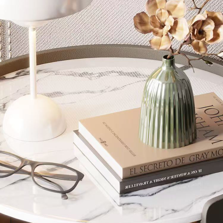 Contemporary Scandinavian Faux Leather Solid Wood Cylindrical Round Nightstand 2-Drawer For Bedroom