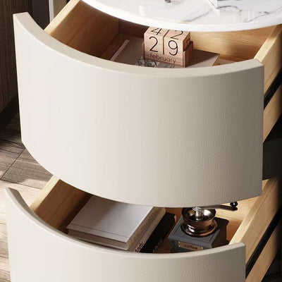 Contemporary Scandinavian Faux Leather Solid Wood Cylindrical Round Nightstand 2-Drawer For Bedroom