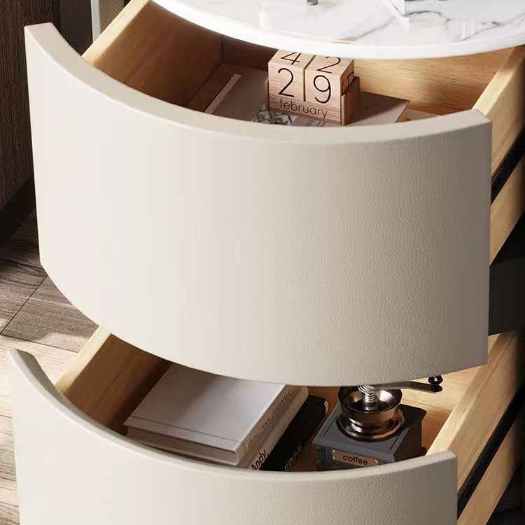 Contemporary Scandinavian Faux Leather Solid Wood Cylindrical Round Nightstand 2-Drawer For Bedroom