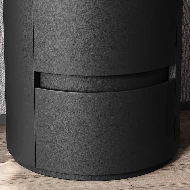 Contemporary Scandinavian Faux Leather Solid Wood Cylindrical Round Nightstand 2-Drawer For Bedroom