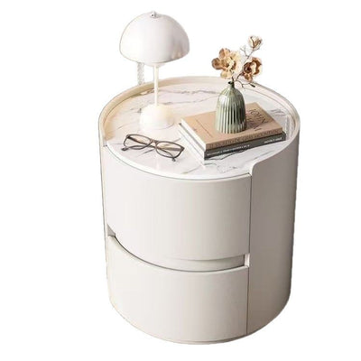 Contemporary Scandinavian Faux Leather Solid Wood Cylindrical Round Nightstand 2-Drawer For Bedroom