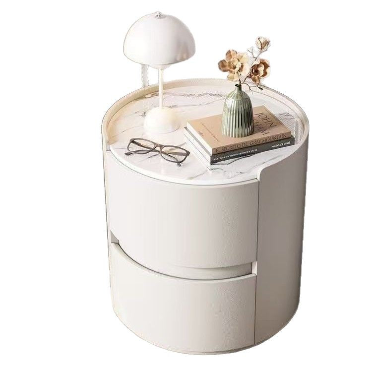 Contemporary Scandinavian Faux Leather Solid Wood Cylindrical Round Nightstand 2-Drawer For Bedroom