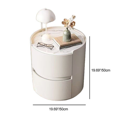Contemporary Scandinavian Faux Leather Solid Wood Cylindrical Round Nightstand 2-Drawer For Bedroom