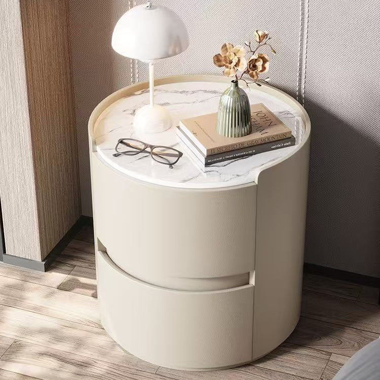 Contemporary Scandinavian Faux Leather Solid Wood Cylindrical Round Nightstand 2-Drawer For Bedroom