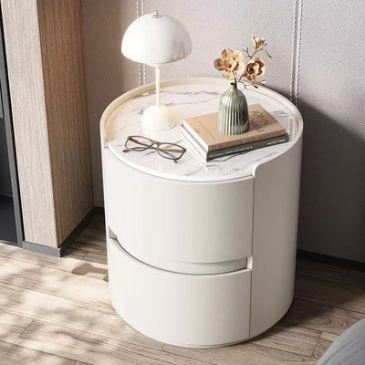 Contemporary Scandinavian Faux Leather Solid Wood Cylindrical Round Nightstand 2-Drawer For Bedroom
