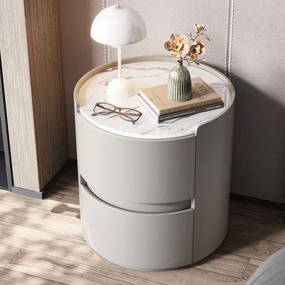 Contemporary Scandinavian Faux Leather Solid Wood Cylindrical Round Nightstand 2-Drawer For Bedroom